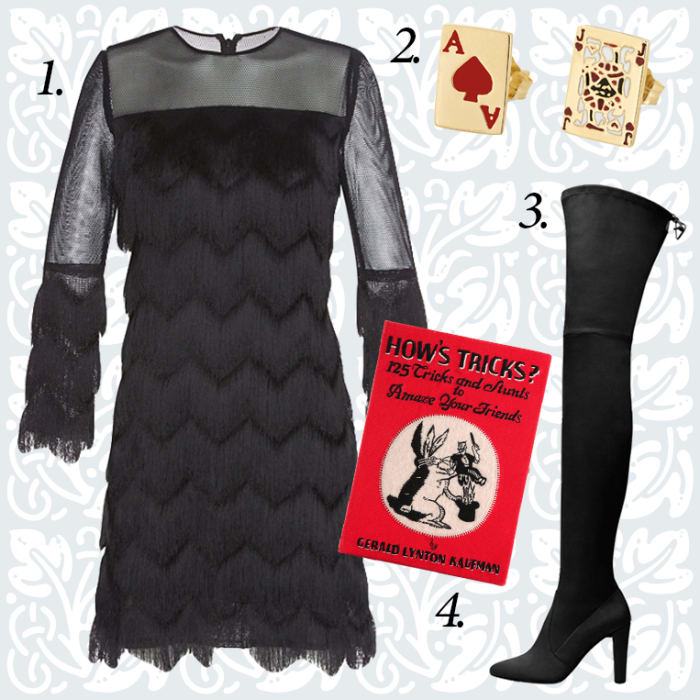 1. Alexis dress, $385, available at Intermix; 2 — Allison Lou Ace and Jack stud, $330 and $385, available at Allison Lou; 3 — Stuart Weiztman Alllegs boot, $798, available at Stuart Weitzman. 4 — Olympia Le-Tan 'How's Tricks' book clutch, $$1,835, available at Farfetch.