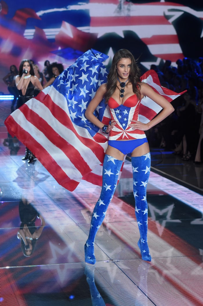 Taylor Hill and Selena Gomez on the Victoria's Secret Fashion Show runway. Photo: Jamie McCarthy/Getty Images