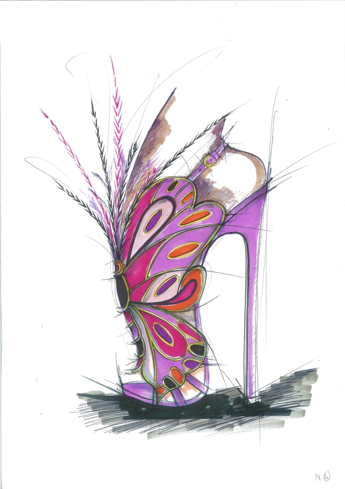 Brian Atwood sketch of a purple feather sandal for the 2015 Victoria's Secret Fashion Show. Photo: Brian Atwood