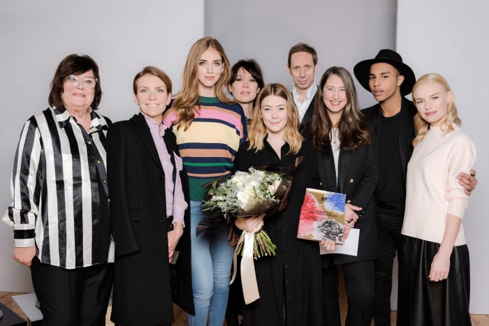 The H&M Design Award 2016 jury, including Margareta van den Bosch, Floriane de Saint-Pierre, Chiara Ferragni, Katy England, Nick Knight, Ann-Sofie Johansson, Olivier Rousteing and Kate Bosworth. Winner Hannah Jinkins is in the center, holding flowers. Photo: Mathias Nordgren/H&M