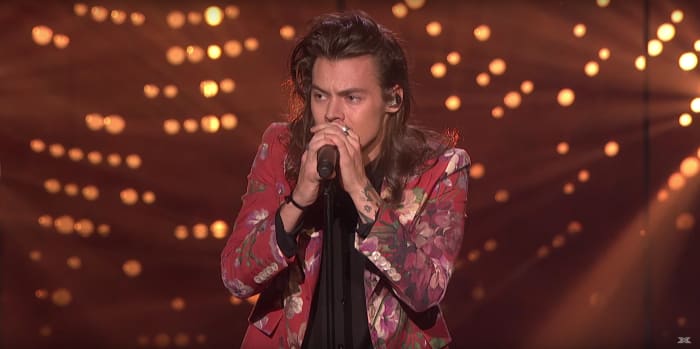 Harry Styles in Gucci at the season finale of "The X Factor UK" in London on Sunday. Screengrab: The X Factor UK