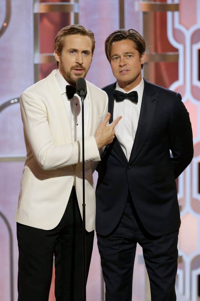 Ryan Gosling and Brad Pitt presenting at the 2016 Golden Globes. Photo: Paul Drinkwater/NBCUniversal via Getty Images