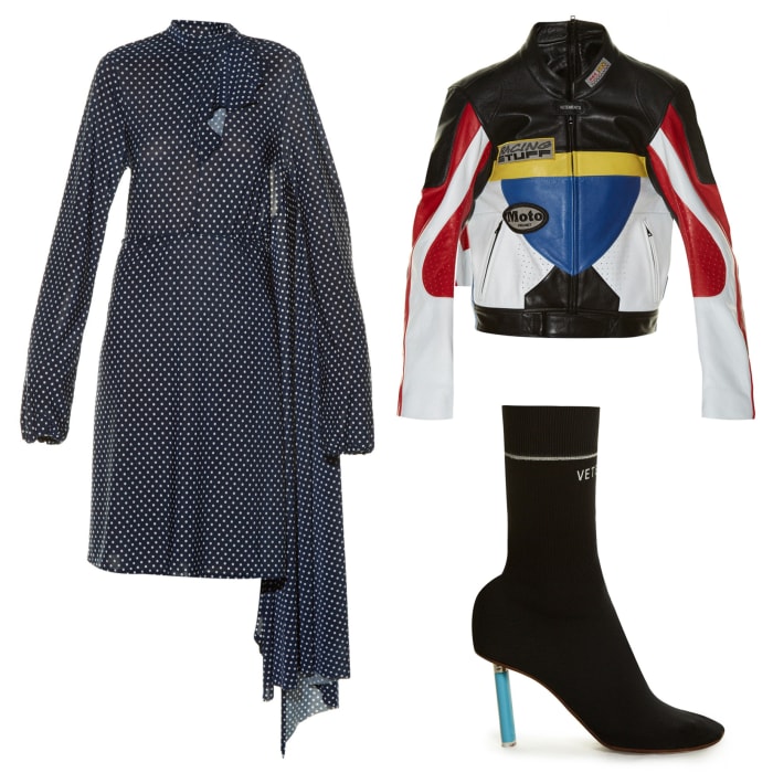 Clockwise from top left: Vetements open-back polka-dot print dress, $2,095, available at Net-a-Porter; Vetements colour-block leather biker jacket, $4,750, available at Net-a-Porter; Vetements sock ankle boots, $1,260, available at Net-a-Porter.