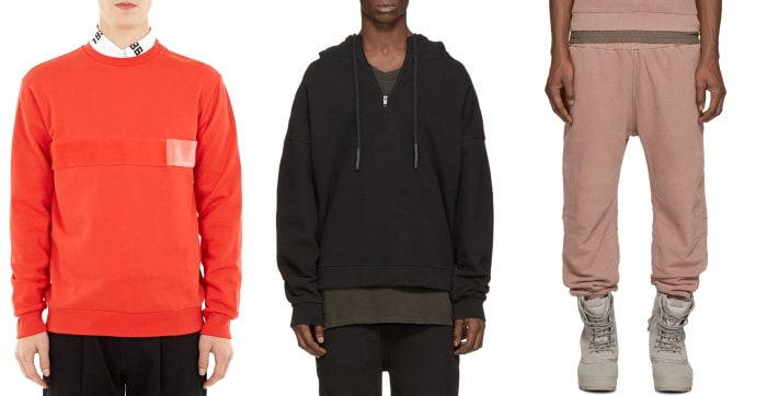Gosha Rubchinskiy red cotton logo-detail sweatshirt, available at Oki-Ni; Yeezy Season 1 black half zip hoodie, $625, available at Ssense; Yeezy Season 1 rose french terry lounge pants, $570, available at Ssense.