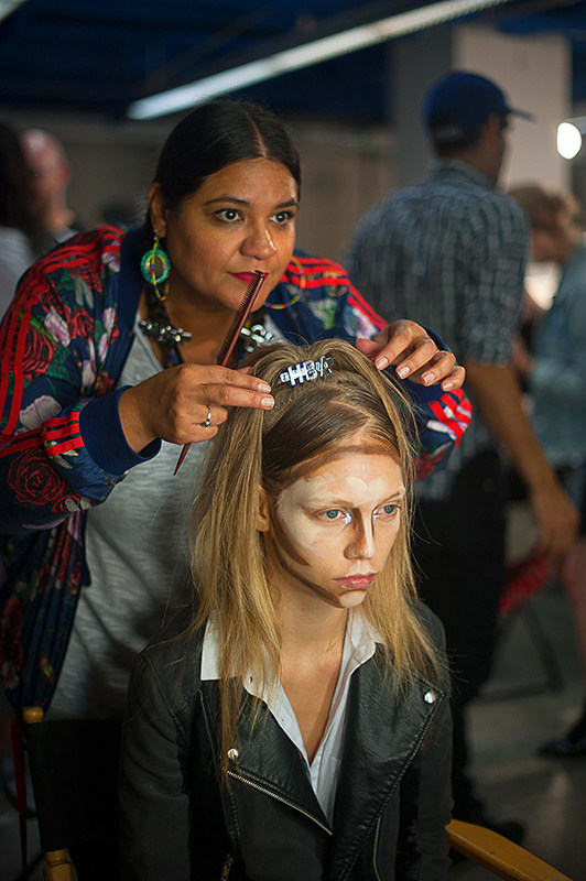 Amy Farid backstage for Hood by Air's spring 2016 runway show. Photo: Kayla Clements/Kate Ryan Inc.