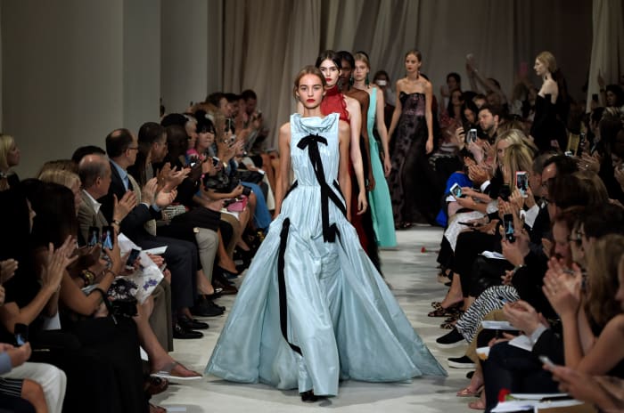 A dramatic blue gown leads the finale at Oscar de la Renta's spring 2016 show. Photo: Slaven Vlasic/Getty Images