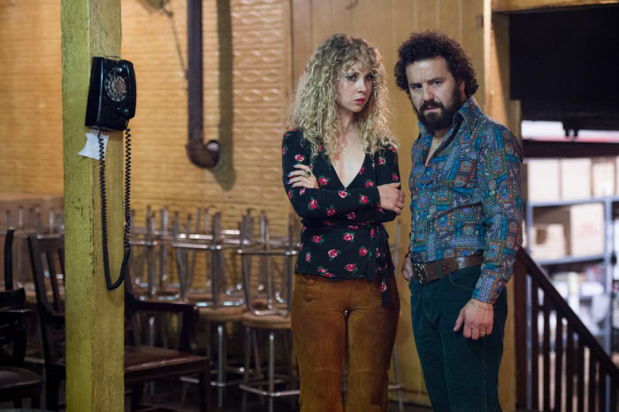 Juno Temple as Jamie Vine and Max Casella as Julius "Julie" Silver in"Vinyl." Photo: Macall B. Polay/HBO.
