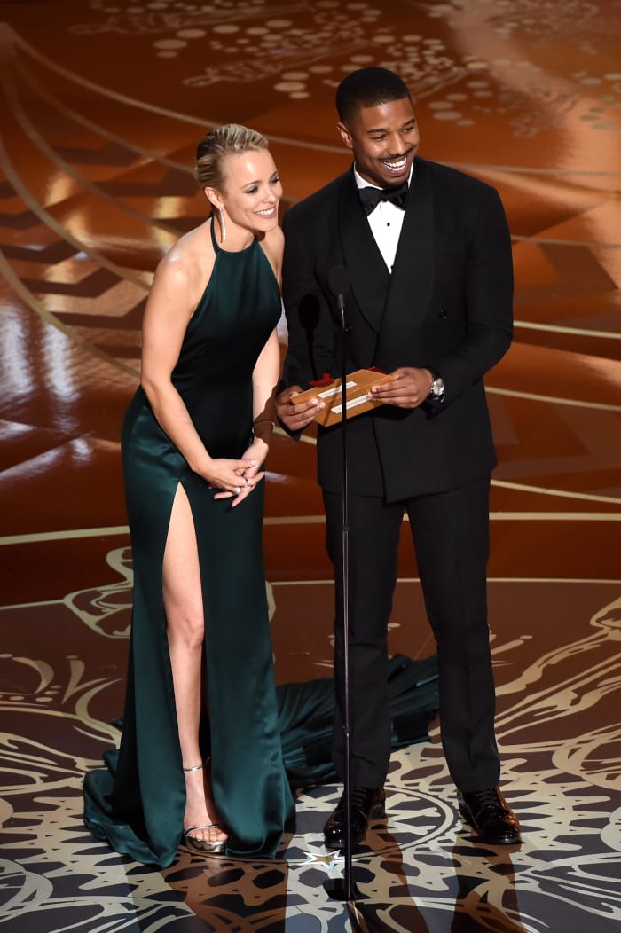 Rachel McAdams in August Getty Atelier and Michael B. Jordan in Ralph Lauren Purple Label at the 2016 Oscars. Photo: Kevin Winter/Getty Images