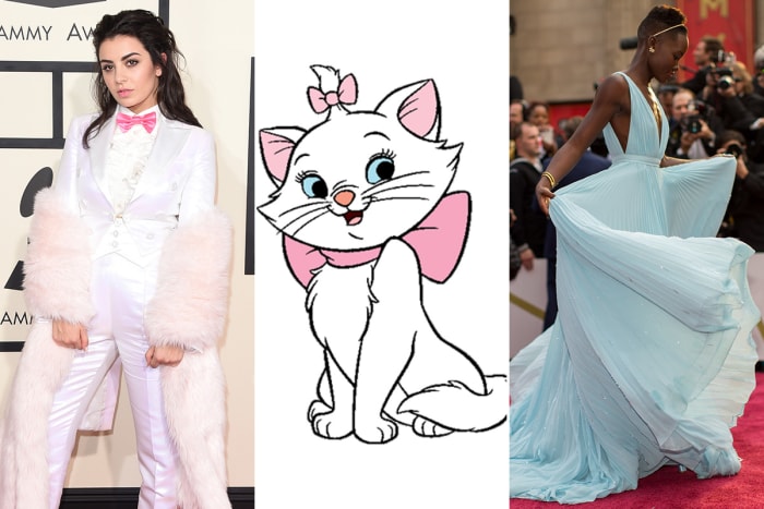 Charli XCX channels Marie from the "Aristocats" and Lupita Nyong'o is Cinderella in 2014. Photos: Jason Merritt, Christopher Polk/Getty Images