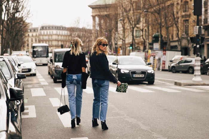 Celine Aagard and Annabel Rosendahl on the street at Paris Fashion Week. Photo: Emily Malan/Fashionista