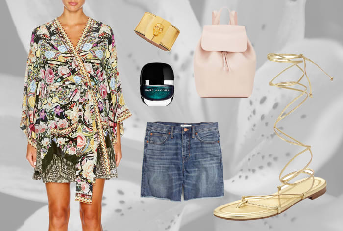1. Camilla Kimono 2. Michael Kors Gladiator Sandal 3. Madewell Denim Boyshorts 4. Mansur Gavriel Backpack 5. Alexander McQueen Leather Cuff 6. Marc Jacobs Hi-Shine Nail Polish in Sally