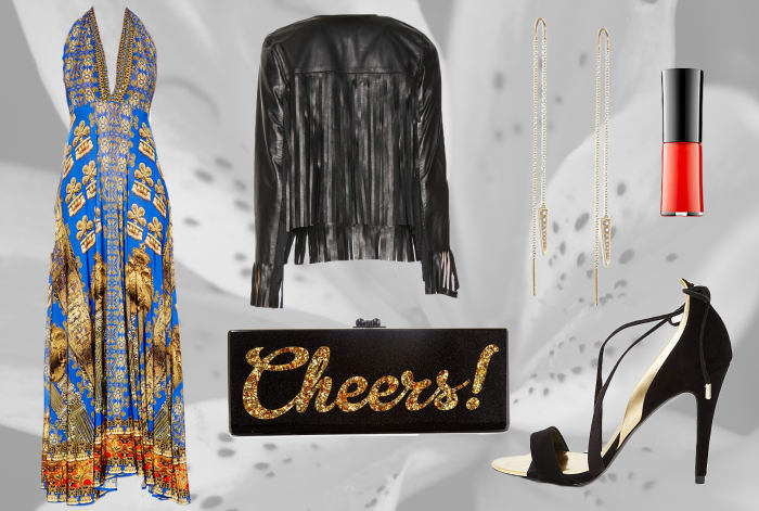 1. Camilla Multiwear Dress 2. The Perfext Fringe Leather Jacket 3. Edie Parker Box Clutch 4. EF Collection Dagger Drop Earrings 5. Ted Baker Strappy Heeled Sandals 6. Giorgio Armani Nail Lacquer in Giò