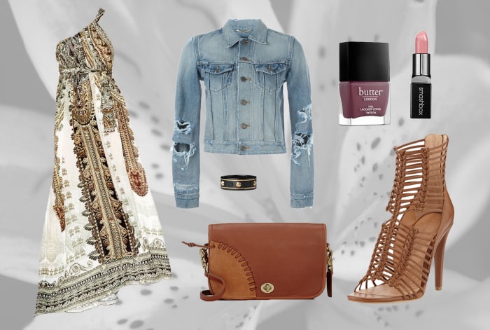 1. Camilla Drawstring Dress 2. Sigerson Morrison Strappy Sandals 3. Saint Laurent Distressed Denim Jacket 4. Coach Vintage 'Dinky' Bag 5. Gucci Studded Ring 6. Smashbox Be Legendary Cream Lipstick in Pretty Social 7. Butter London Nail Lacquer in Toff