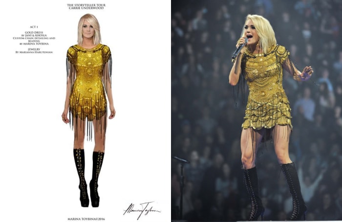 Toybina's sketch of Underwood's designer dress redesign and Underwood onstage. Photos: Courtesy Marina Toybina