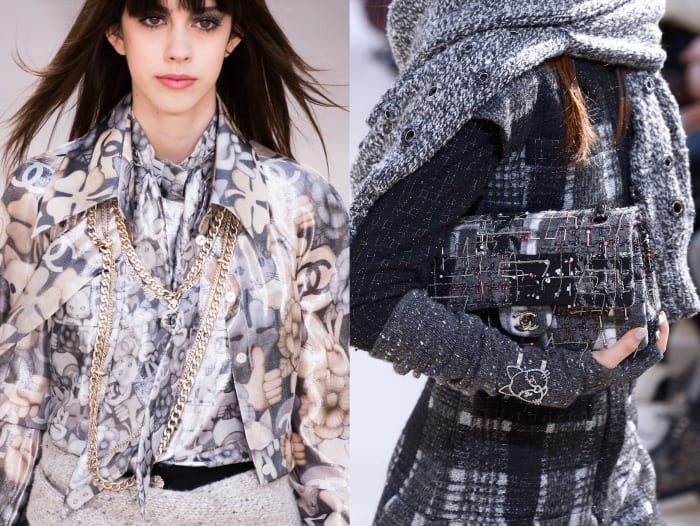 Cats spotted on a blouse, left, and bracelet, right at Chanel's fall 2016 presentation. Photos: Imaxtree