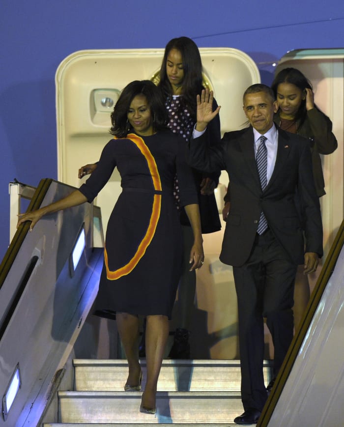 Michelle Obama in Narciso Rodriguez at Ministro Pistarini International Airport in Ezeiza, Argentina on Wednesday. Photo: Juan Mabromata/AFP/Getty Images