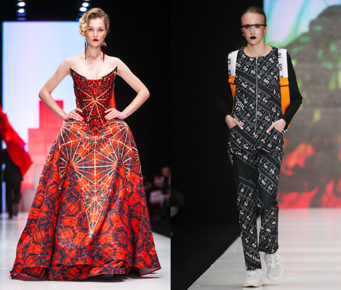 Left: A Dimaneu gown covered in iconic Kremlin stars. Right: Dasha Gauser designer her fall collection around fellow Russian Dmitri Mendeleev's periodic table of elements. Photos: Mercedes Benz Fashion Week Russia
