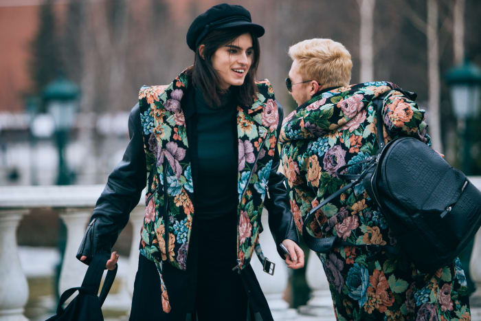 Saint Tokyo designer Yury Pitenin (here with model Sasha Panika) updated traditional Pavlovsky Posad floral shawl patterns. Photo: Mercedes Benz Fashion Week Russia