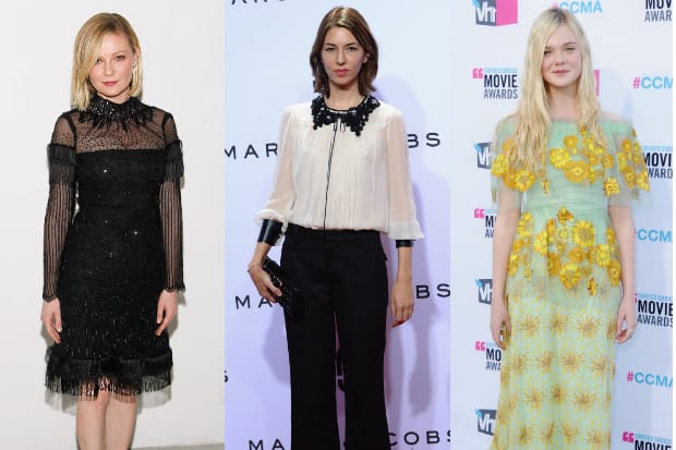 Kirsten Dunst in Rodarte at the brand's fall 2016 runway show. Photo: Paul Morigi/WireImage; Sofia Coppola in Marc Jacobs at the brand's spring 2016 runway show. Photo: Slaven Vlasic/Getty Images; Elle Fanning in Rodarte at the 2012 Critics' Choice Movie Awards. Photo: Jon Kopaloff/FilmMagic