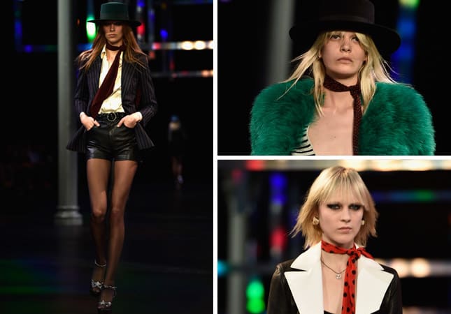 Models at Saint Laurent's spring 2015 show. Photos: Imaxtree (left), Pascal Le Segretain/Getty Images (right)