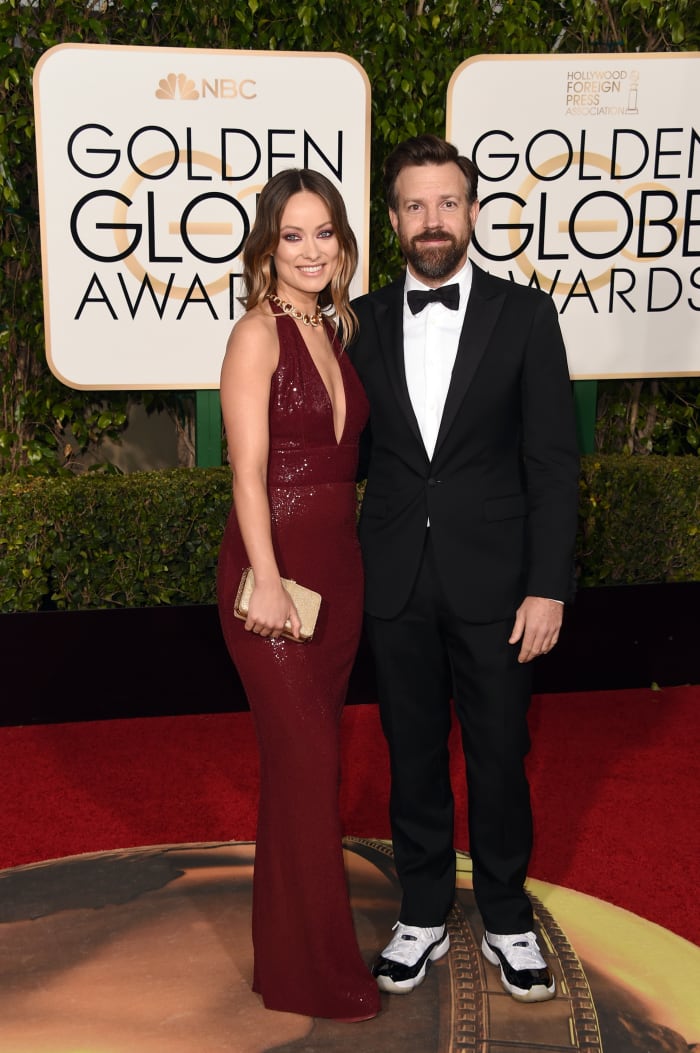 Wilde in Michael Kors Collection and Sudeikis in a tux and Air Jordans at the 2016 Golden Globes. Photo: Jason Merritt/Getty