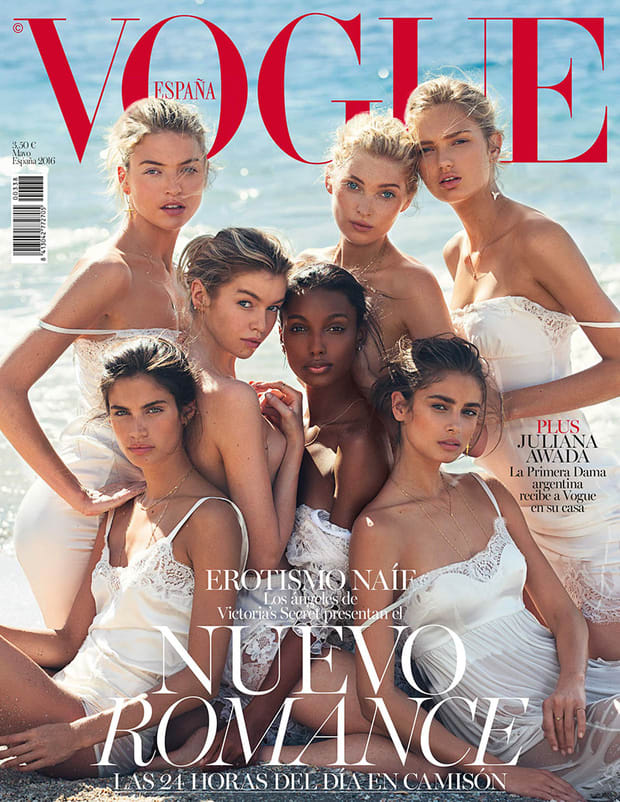 Martha Hunt, Stella Maxwell, Jasmine Tookes, Elsa Hosk, Romee Strijd, Sara Sampaio and Taylor Hill on the cover of "Vogue" Spain's May 2016 issue.