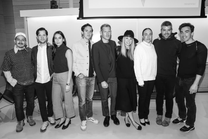 Rio Uribe, Matthew Orley, Samantha Orley, Alex Orley, Paul Andrew, Gigi Burris, Ryan Roche, Brandon Maxwell and Fernando Garcia before a talk at Parsons. Photo: Sam D/BFA.com