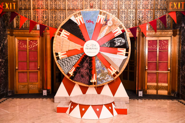 The pennants on display at the Swarovski and CFDA ‘fashion carnival’-themed cocktail party in New York. Photo: Billy Farrell/BFA.com