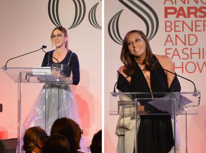Sarah Jessica Parker and Donna Karan on stage at the 2016 Parsons Benefit. Photo: Andrew Toth/Getty Images