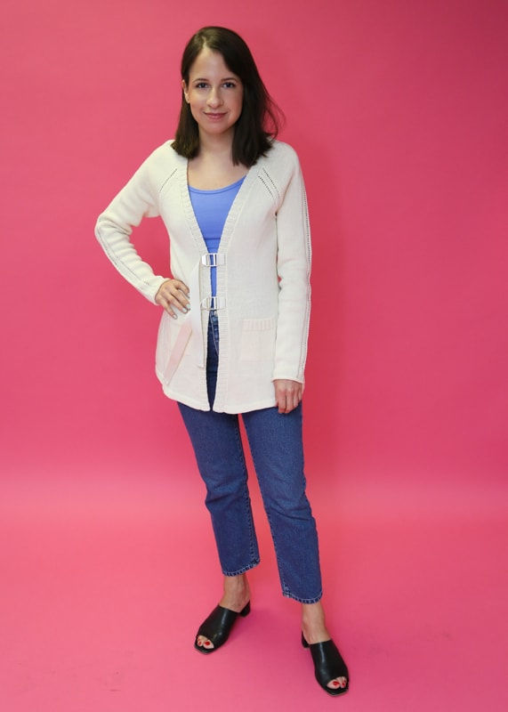 Dhani wears Maiyet's V-Neck Cardigan in Ivory. Photo: Nina Frazier Hansen/Fashionista