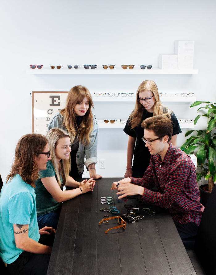 The Article One team in their office in the historical Dryden Building. From left to right: Cole Sanseverino (Director of Sales), Jennifer Wenzlick (Account Manager), Maggie Vocos (Creative Director), Emily Zoromski (Operations Associate), Wes Stoody (Founder and CEO) Photo: courtesy