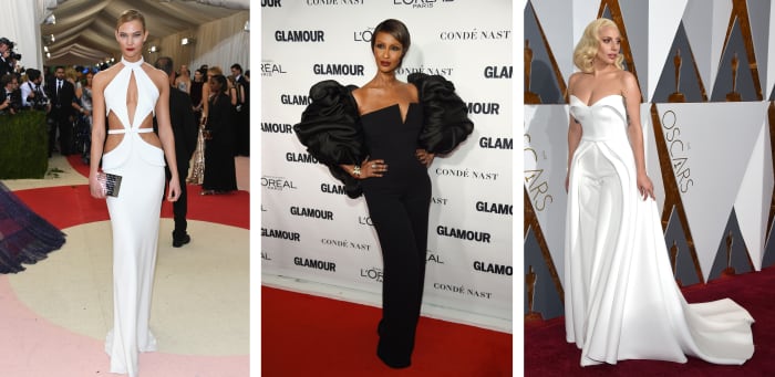 From left to right: Karlie Kloss at the 2016 Met Gala, Iman at the Glamour Women of the Year Awards in 2015 and Lady Gaga at the Oscars in 2016 — all wearing Brandon Maxwell. Photos: Larry Busacca, Dimitrios Kambouris, Ethan Miller / Getty Images
