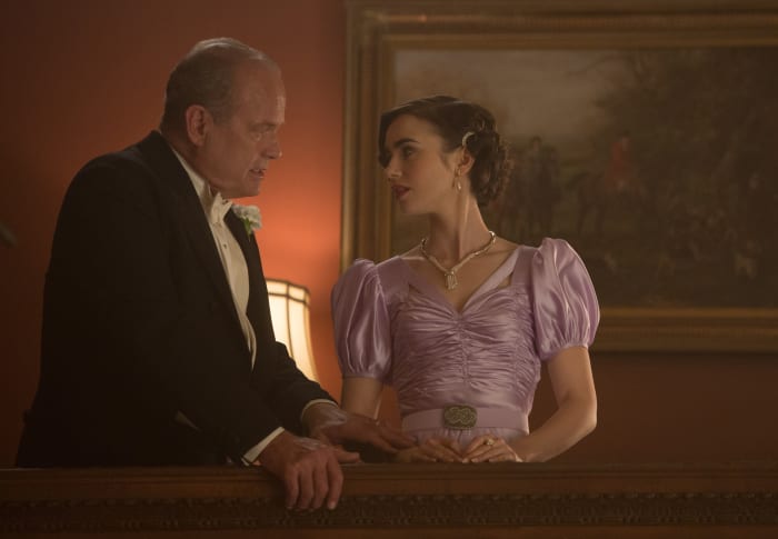 Kelsey Grammar as Pat Brady and Lily Collins as Celia Brady. Photo: Sony Pictures Television/Amazon, Photo Credit: Adam Rose