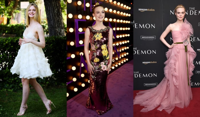 Elle Fanning wears Giamba, Dolce & Gabbana and Gucci to promote "The Neon Demon." Photos: Getty Images
