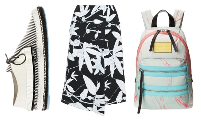 Sophia Webster shoes, $153 (from $341), available at MatchesFashion; Whistles skirt, $85 (from $270), available at Whistles; Marc by Marc Jacobs backpack, $124.60 (from $178), available at Saks Fifth Avenue.