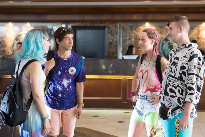 Olivia Wilde (second from right) dabbles in eco-terrorism and and dip-dyed braids during season four. Photo: Augusta Quirk/IFC