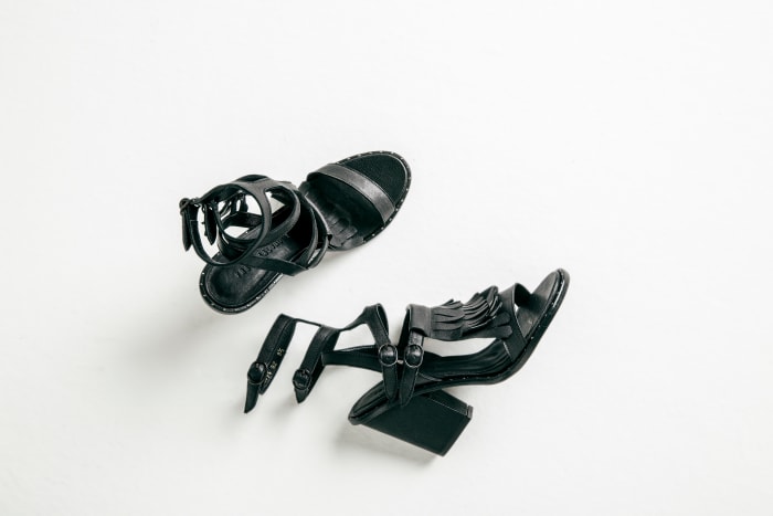 Stacked heel gladiator sandal with removable fringe from the spring 2015 collection. Photo: Freda Salvador