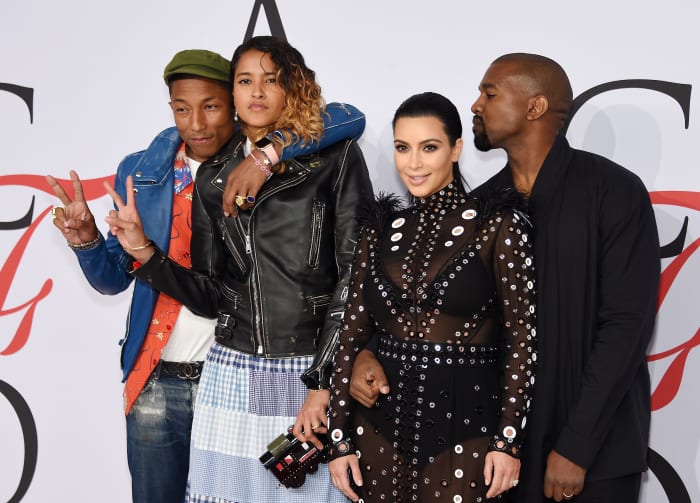 Pharrell Williams, Helen Lasichanh, Kim Kardashian and Kanye West. Photo: Dimitrios Kambouris/Getty Images