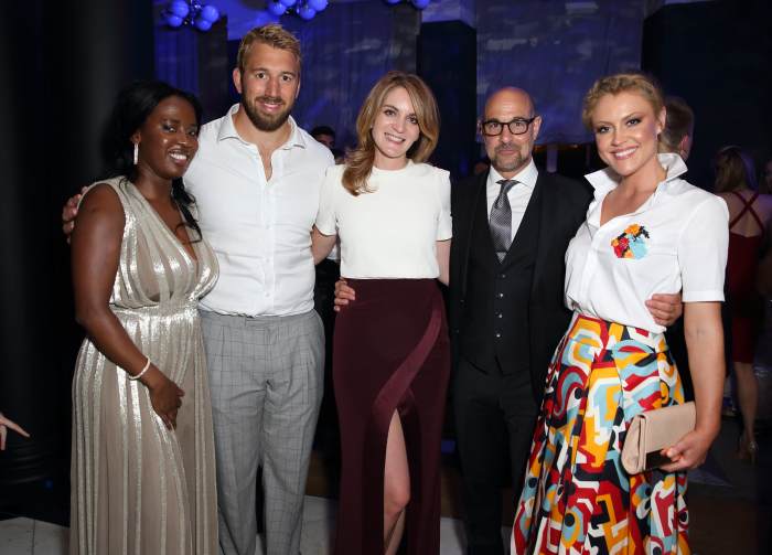 Sofia Davis, Chris Robshaw, Felicity Blunt, co-host Stanley Tucci and Camilla Kerslake. Photo: One for the Boys