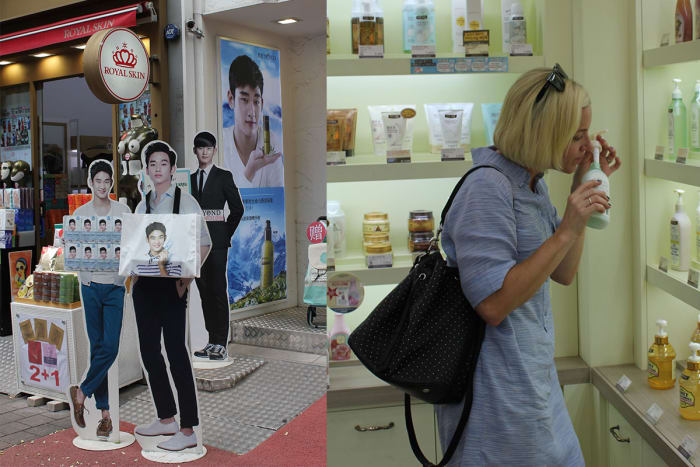 K-pop gods enticing you to buy cushion compacts, and me doing a sniff test at Skinfood. Photos: Cheryl Wischhover/Fashionista