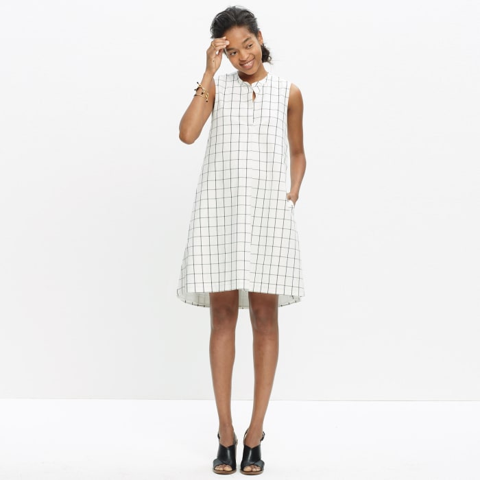 Sleeveless shirt dress in grid print, $110, available at Madewell.