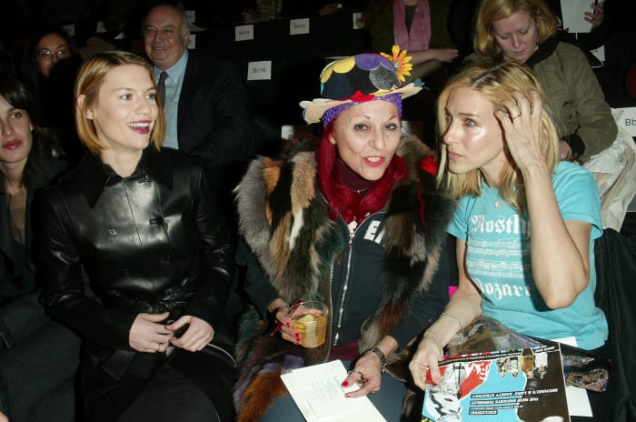 Patricia Field sitting front row at the Narciso Rodriguez runway show in 2003 with Claire Danes and Sarah Jessica Parker. Photo: Evan Agostini/Getty Images