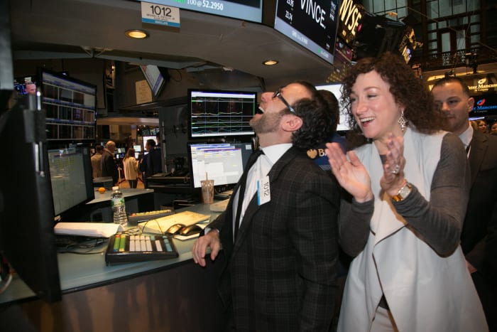 Granoff, right, celebrating the start of Fashion Week with Vince ringing the opening bell at the New York Stock Exchange. Photo: Nomi Ellenson/Getty Images