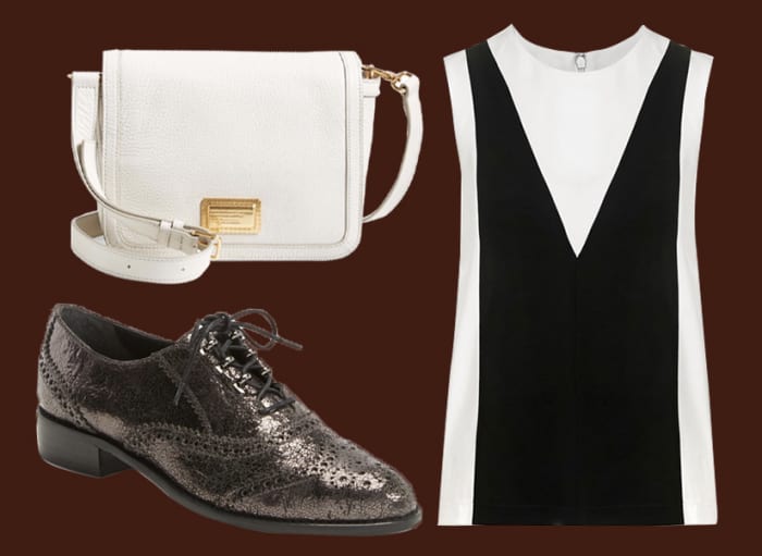 Marc by Marc Jacobs bag, now $232.90, available at Nordstrom; Topshop top, now $45.90, exclusively available at Nordstrom; Stuart Weitzman oxfords, now $289.90, available at Nordstrom.
