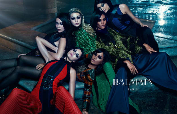 Kendall and Kylie Jenner, along with Gigi and Bella Hadid and Joan Smalls and sister Erika, star in Balmain’s Fall/Winter 2016 campaign. Photo: Balmain.