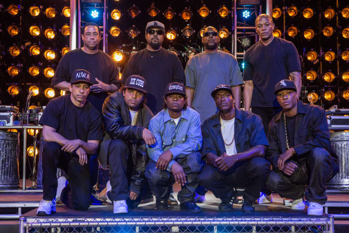 Clockwise from left: DJ Yella, Ice Cube, MC Ren, Dr. Dre, Corey Hawkins as Dr. Dre, Aldis Hodge as MC Ren, Jason Mitchell as Eazy-E, O'Shea Jackson Jr. as Ice Cube and Neil Brown Jr. as DJ Yella. Photo: Universal Pictures
