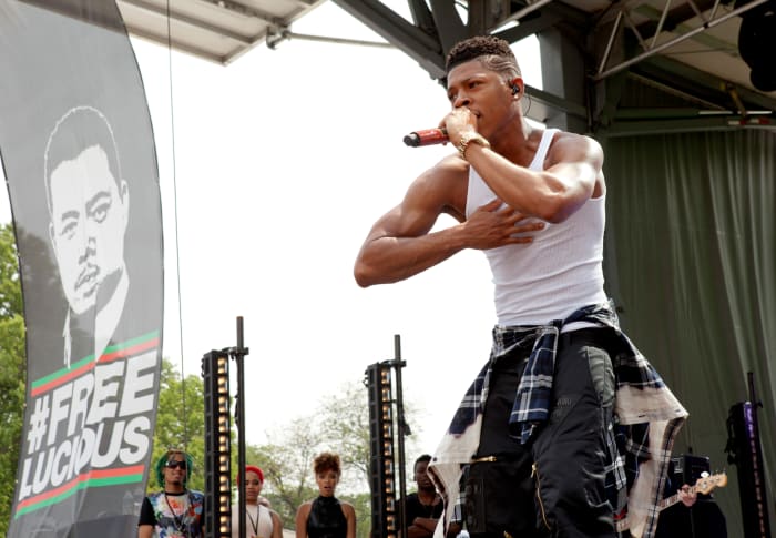 Hakeem goes high-low in a Hanes tank, Moschino runway pants and a Bottega Veneta plaid shirt. Photo: Chuck Hodes/FOX
