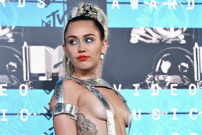Miley Cyrus in Versace at the at the 2015 VMAs in Los Angeles on Sunday. Photo: John Shearer/Getty Images