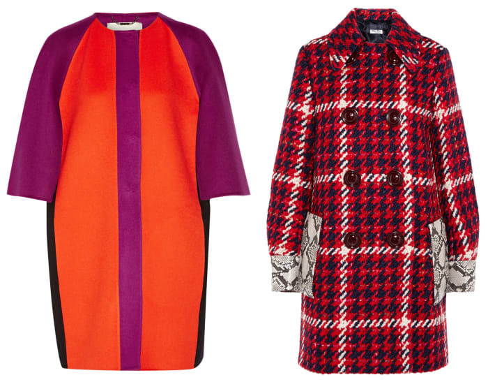 Fendi cape-effect wool-felt coat, $2,700, available at Net-a-Porter; Miu Miu coat, $4,585, available at Net-a-Porter.