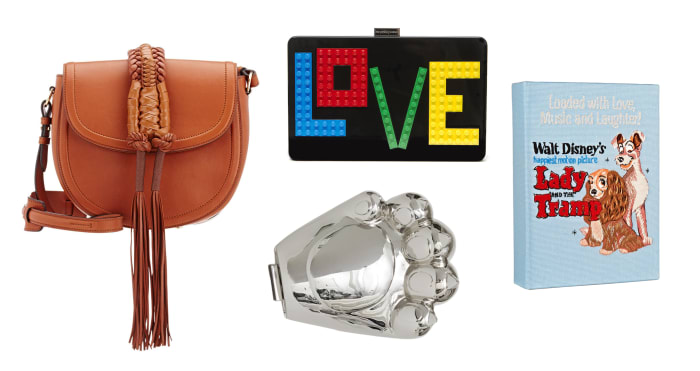 Altuzarra small saddle bag, $2195, available at Barneys; Les Petits Joueurs Andy Rainbow Love clutch, $780, available at Neiman Marcus; Kenzo metal claw shoulder bag, $425, available at Opening Ceremony; Olympia Le-Tan Lady and the Tramp clutch, $1880, available at Net-a-Porter.